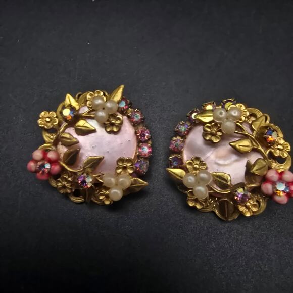 West Germany Pink Gold Tone Clip On Earrings Rhinestone Ornate Vintage - Picture 1 of 7